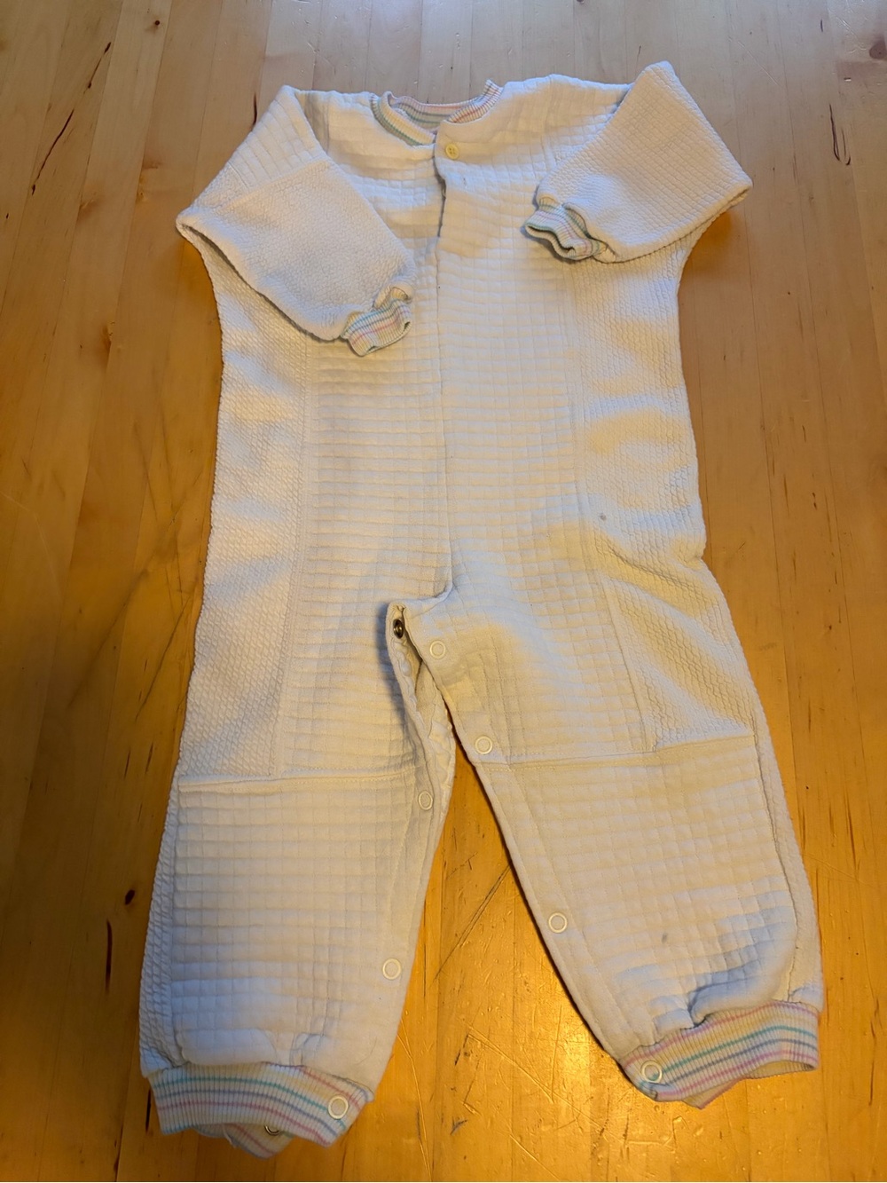 White Textured Baby One-Piece Romper with Pastel Trim- Vintage
